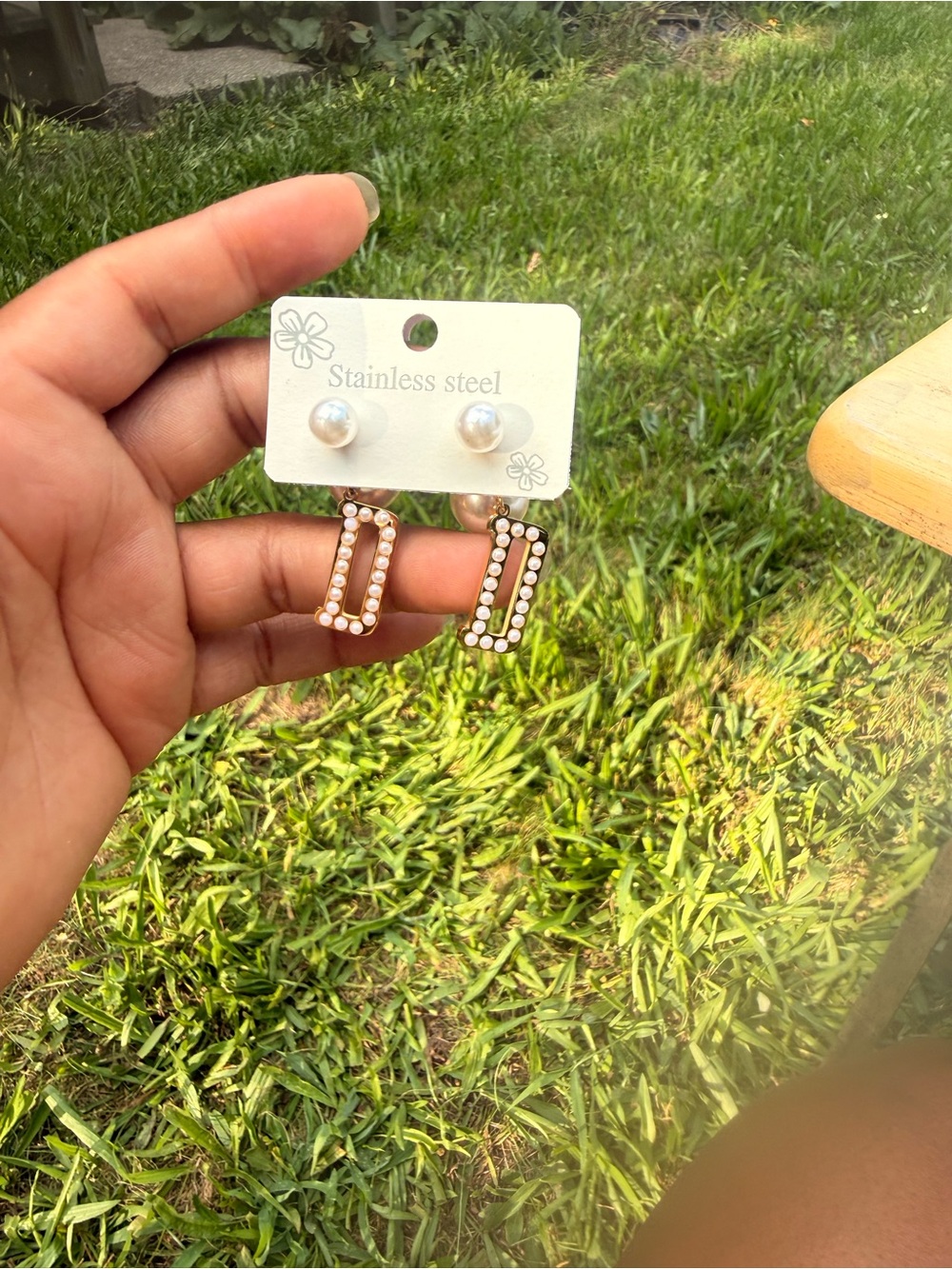Stainless Steel Pearl & Crystal Rectangular Drop Earrings - Gold Tone